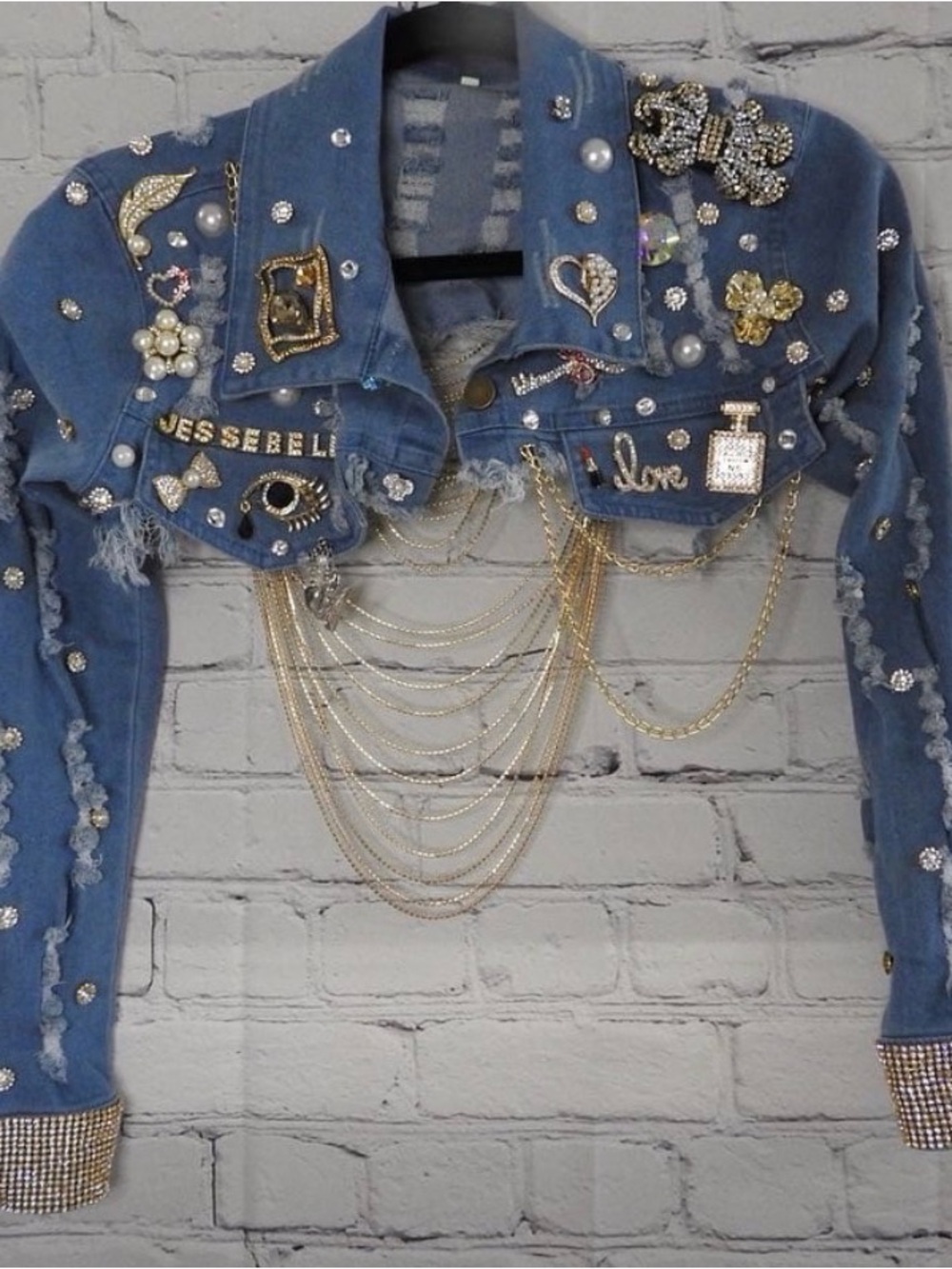 Embellished Cropped Blue Denim Jacket with Gold Chain Detail